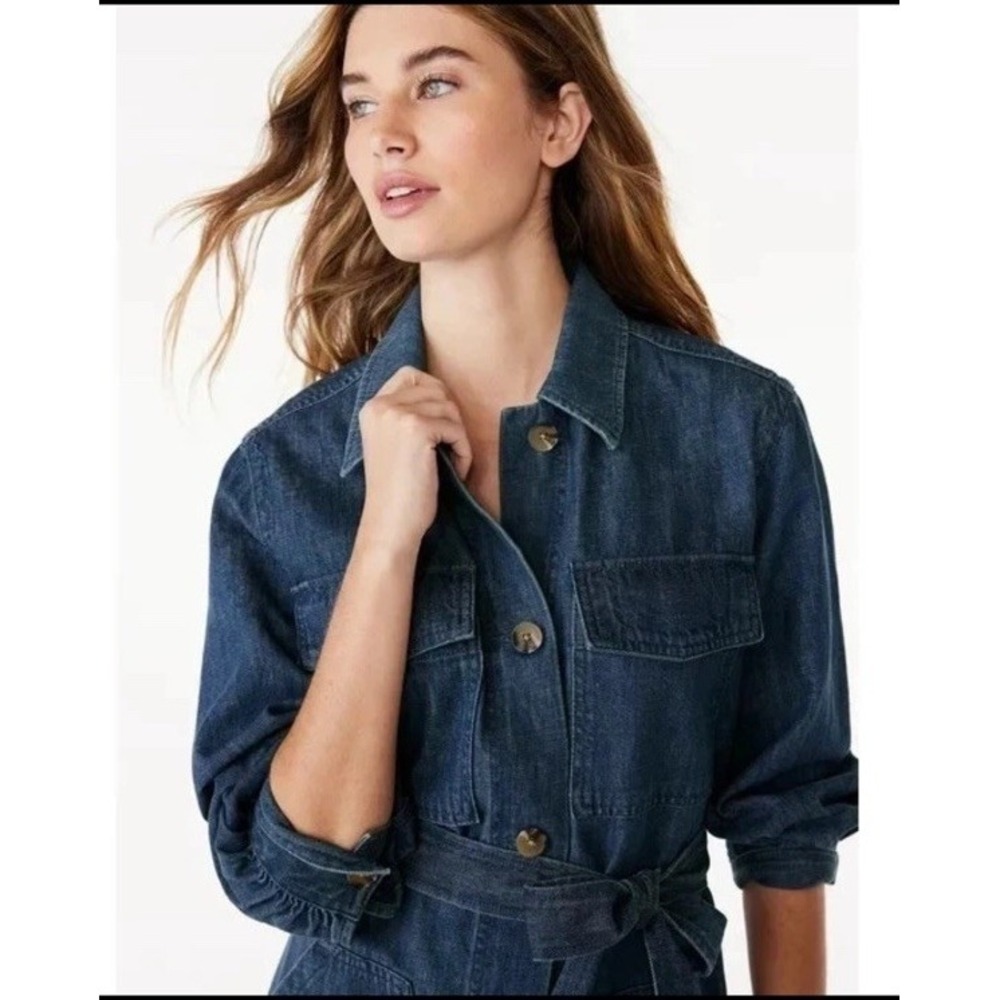 Free Assembly Denim Shirt Dress XL Ballon Sleeve Utility Belted Medium Wash Chic - Picture 3 of 15